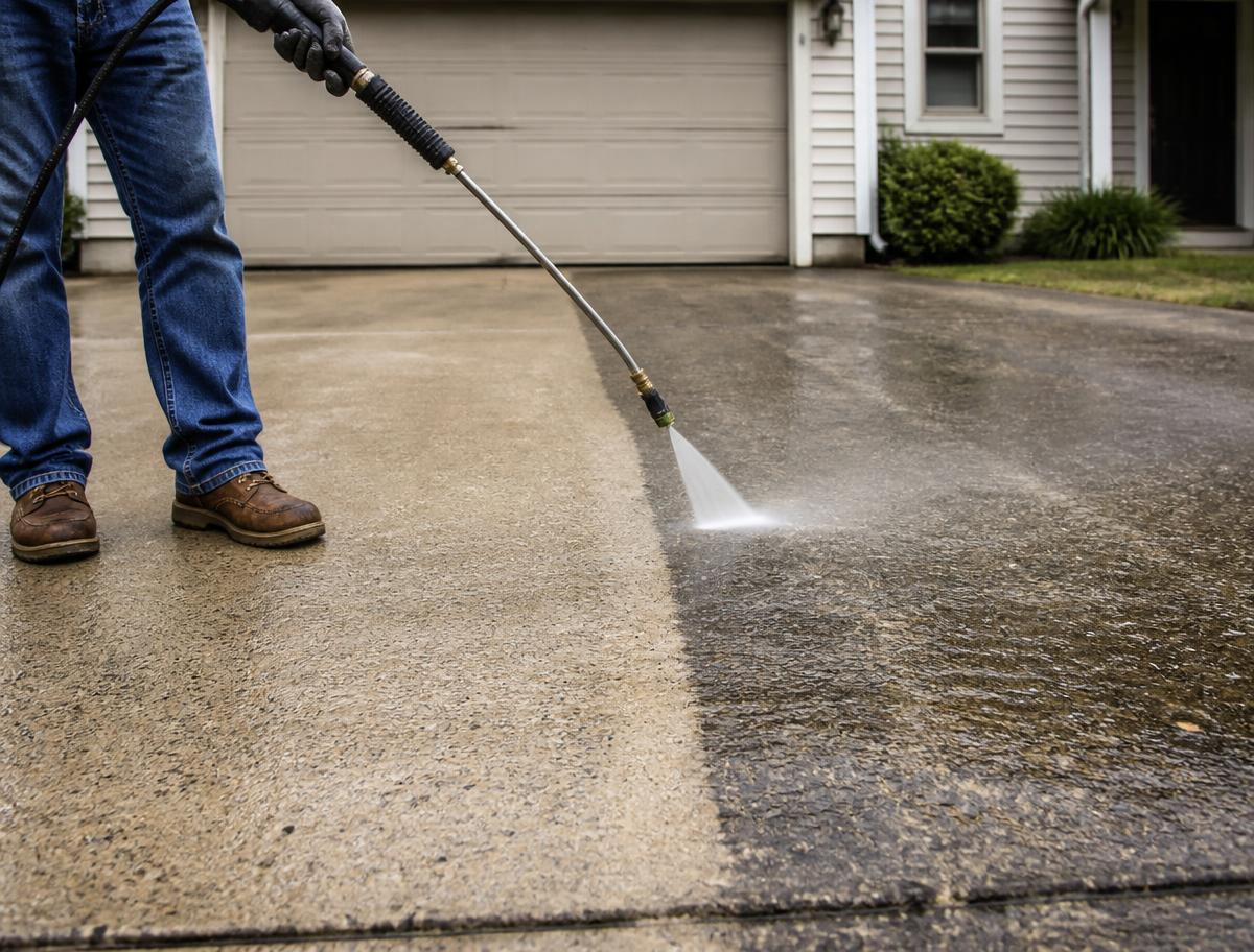 Driveway being pressure washed clean