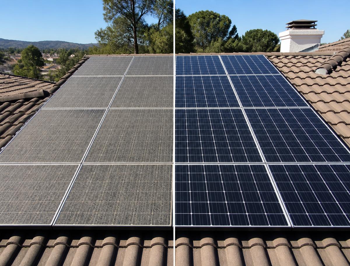Solar panels before and after cleaning, dirty on the left and spotless on the right